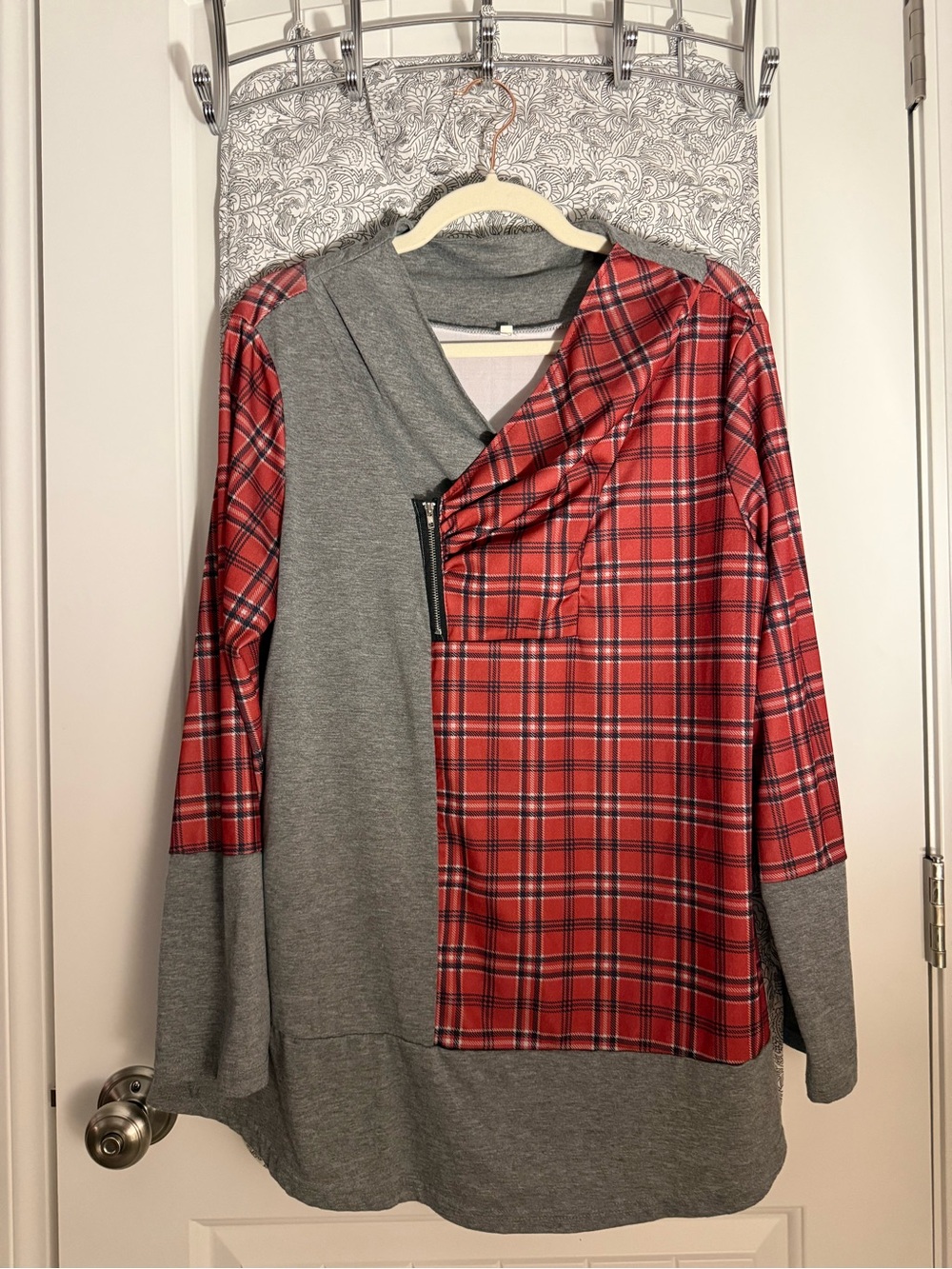 Unique Grey and Red Plaid Ladies Tunic with Zipper Detail